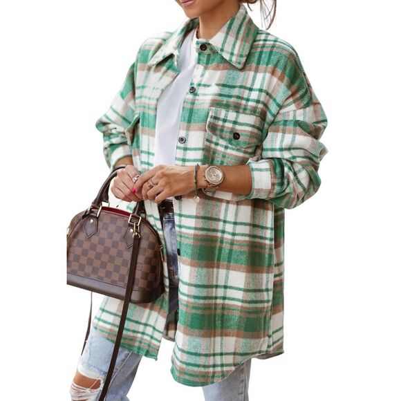Azura Exchange  Green Plaid Flap Pocket Long Sleeve Shacket - Picture 7 of 7